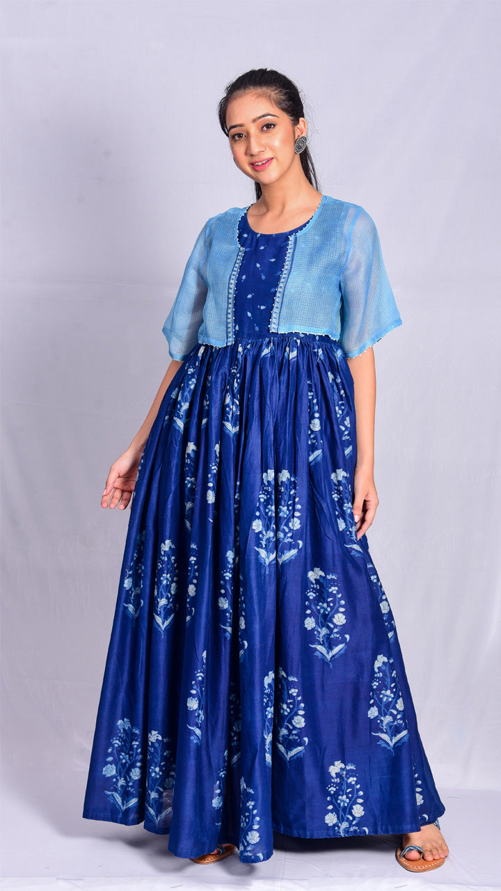 Indigo dyed dabu print A-line dress(Set of 2) - Aavaran Udaipur