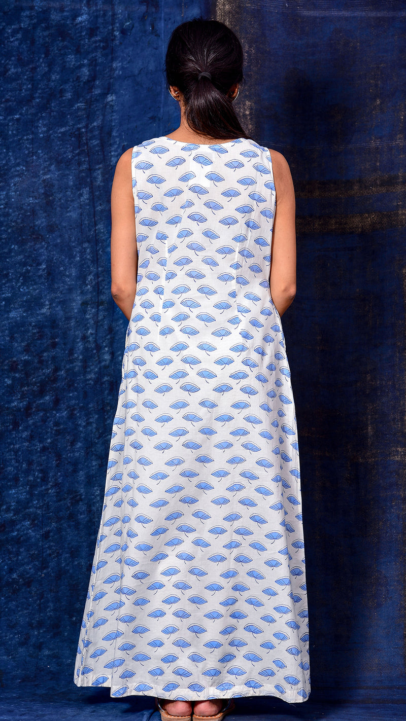 Blue Pigment Print A-line Long Dress - Aavaran Udaipur