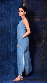 Indigo Dyed Dabu Print A-line long dress - Aavaran Udaipur