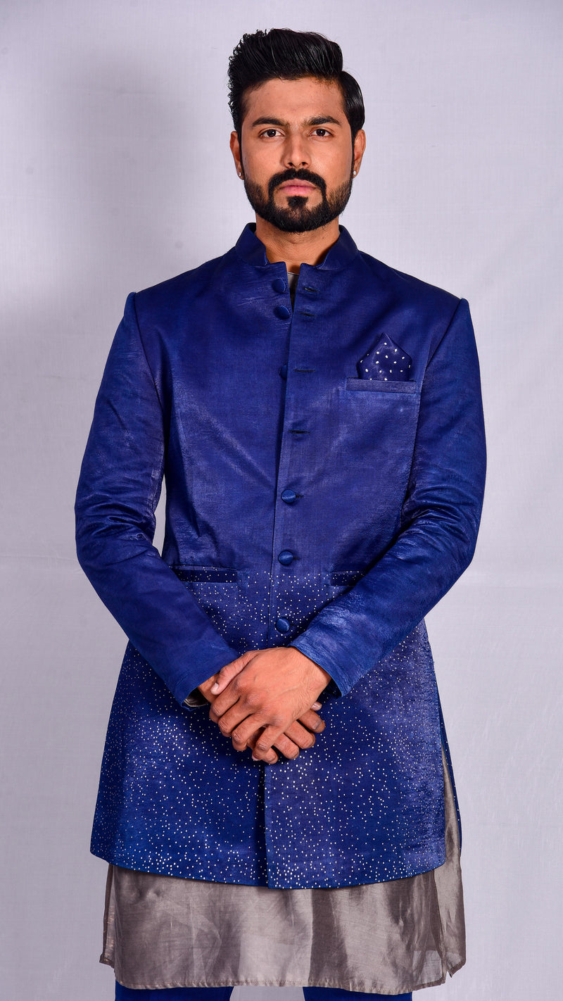 Indigo dyed Jodhpuri Jacket with Straight Pants - Aavaran Udaipur