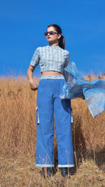 Button- Down Crop Top in Crushed Indigo Effect With Stand -Collar and Haif Sleeves styled with Matrix Flared cargo-Pants