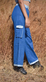 Button- Down Crop Top in Crushed Indigo Effect With Stand -Collar and Haif Sleeves styled with Matrix Flared cargo-Pants