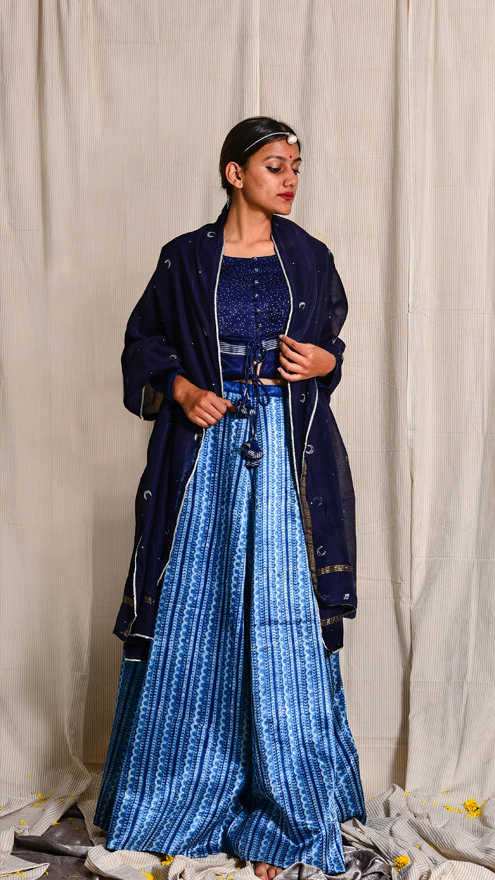 Indigo dyed and dabu hand block printed mashru skirt - Aavaran Udaipur