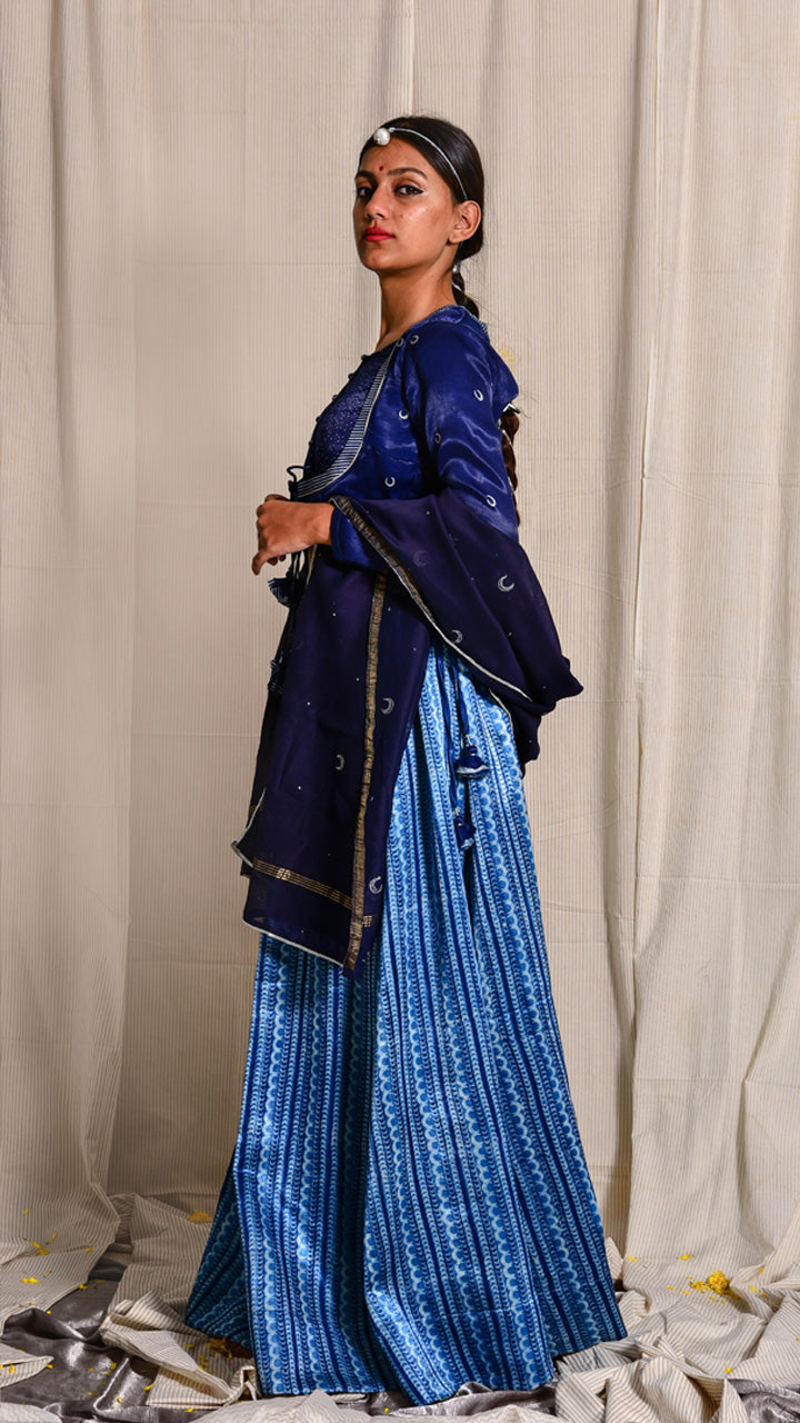 Indigo dyed and silver printed chanderi silk dupatta - Aavaran Udaipur
