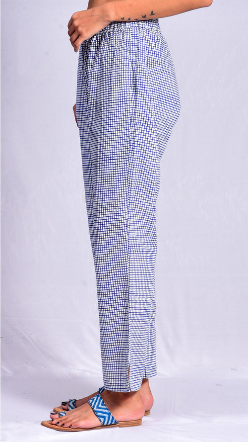 Blue Pigment Check Print Straight Pants - Aavaran Udaipur