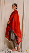 Red dyed and zari embroidered chanderi silk dupatta - Aavaran Udaipur
