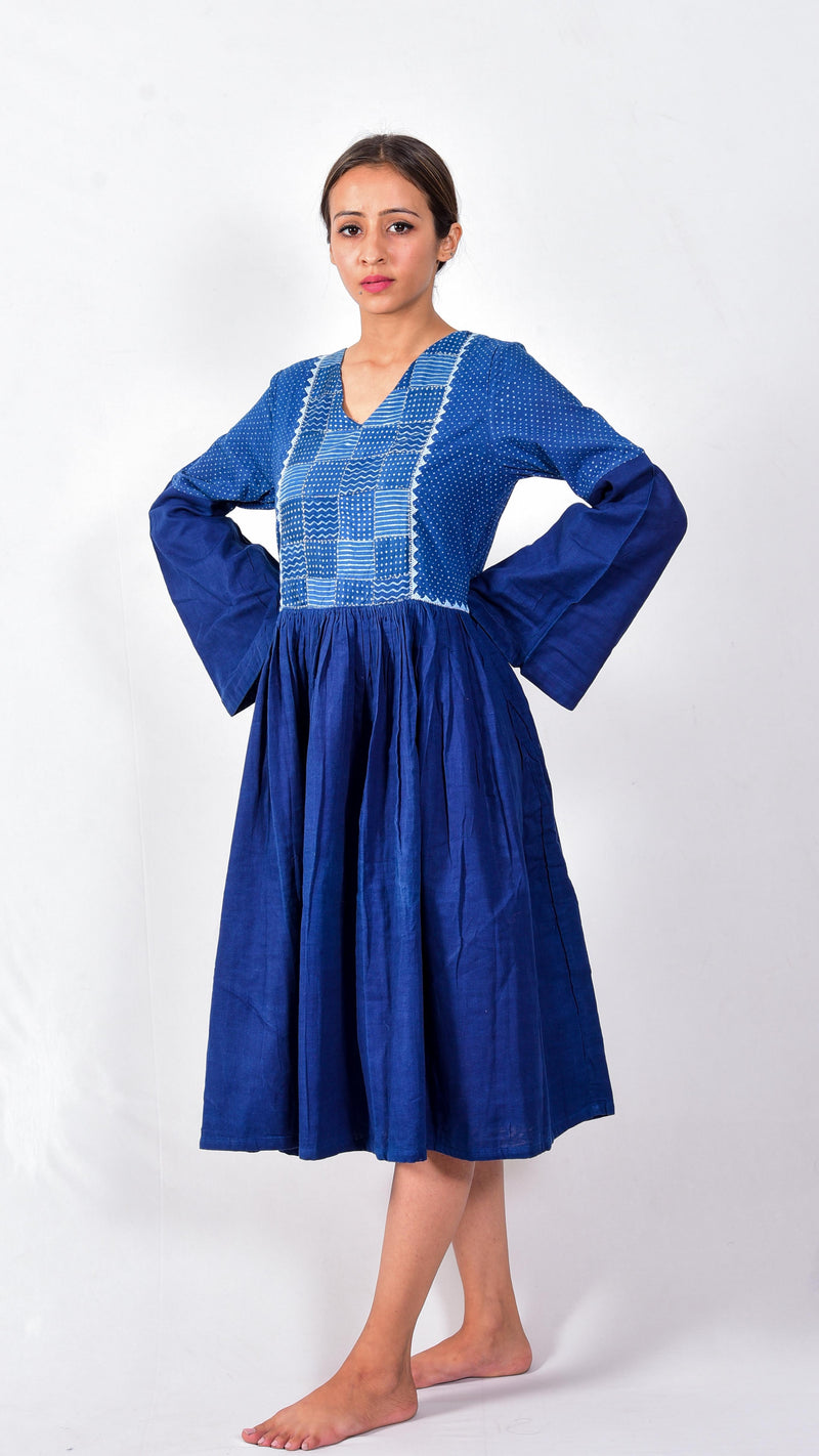 Indigo dyed and dabu hand block printed dress with patchwork - Aavaran Udaipur