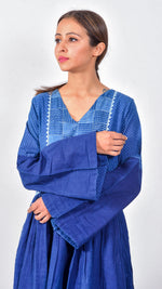 Indigo dyed and dabu hand block printed dress with patchwork - Aavaran Udaipur