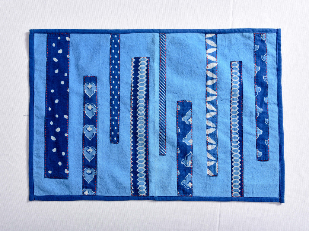 Indigo dyed and dabu hand block printed patchwork table mat (Set of 2) - Aavaran Udaipur