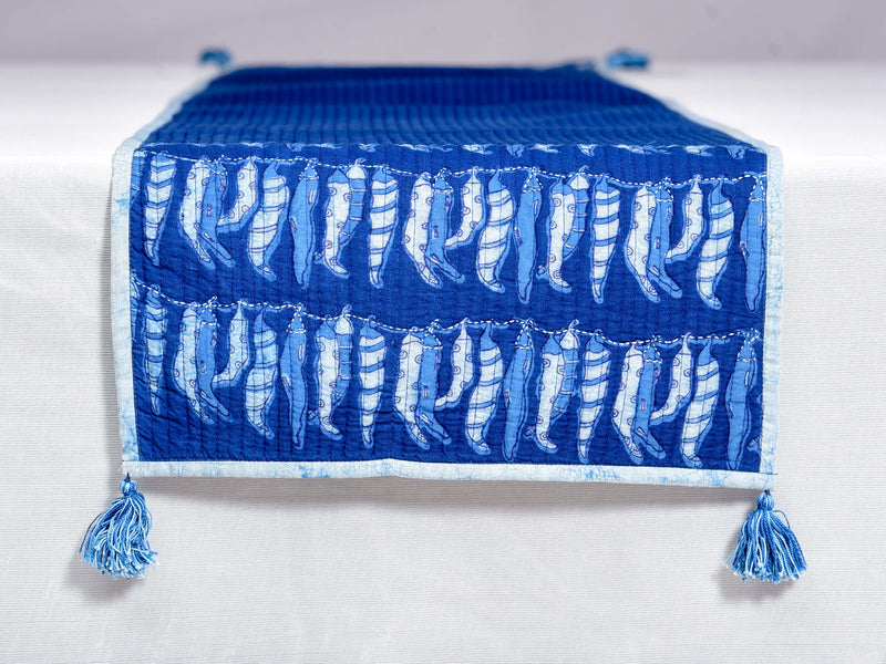 Indigo Dyed , quilted and dabu hand block printed table runner - Aavaran Udaipur