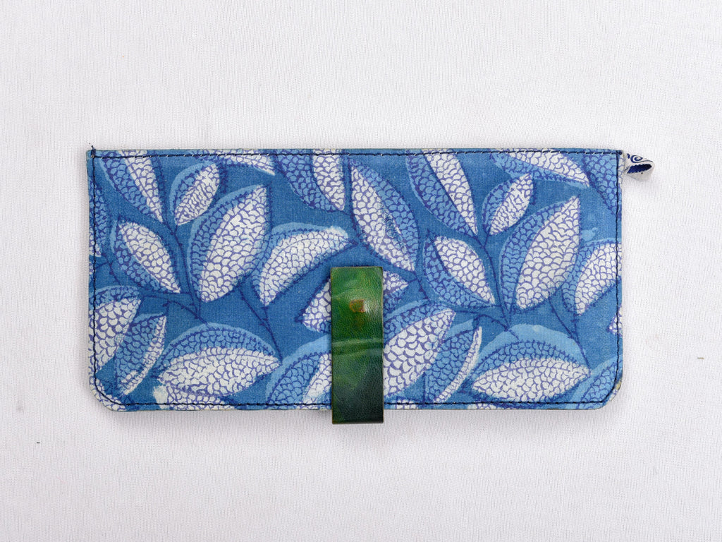 Indigo dyed and dabu hand block printed wallet with green leather - Aavaran Udaipur