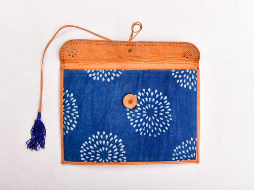 Indigo dyed and dabu hand block printed leather pouch with string - Aavaran Udaipur