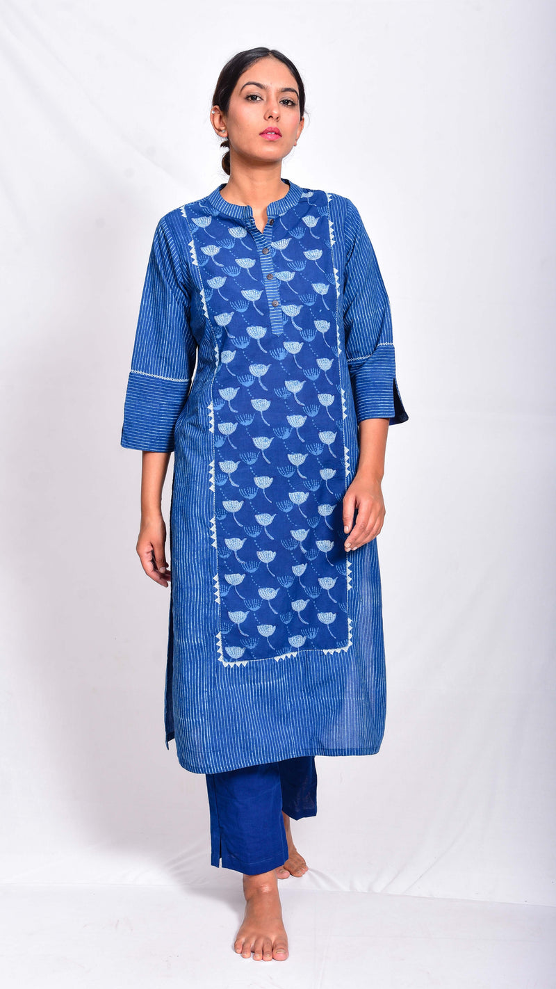 Indigo dyed and dabu printed straight kurta - Aavaran Udaipur