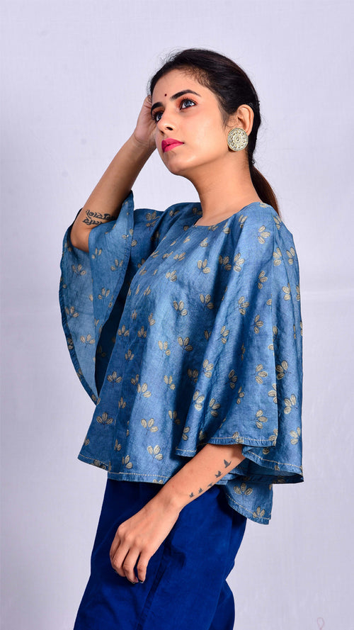 Indigo dyed and dabu printed poncho top - Aavaran Udaipur
