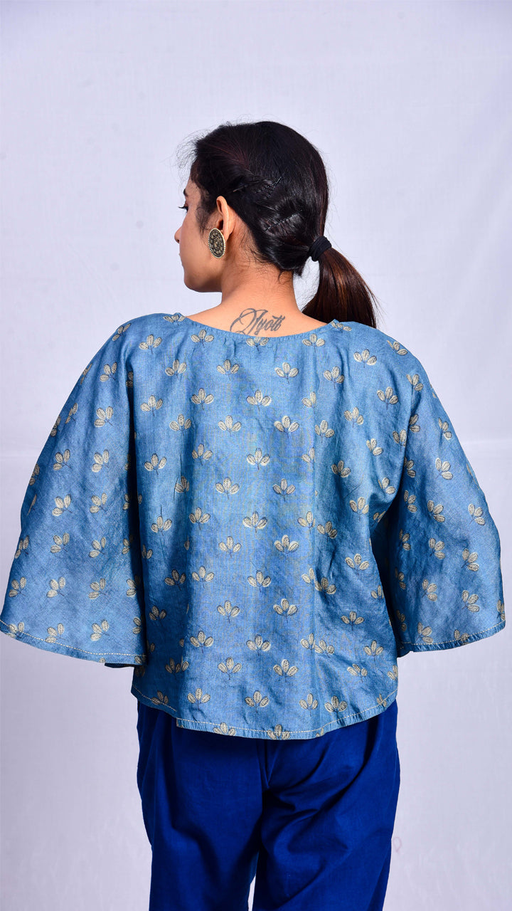 Indigo dyed and dabu printed poncho top - Aavaran Udaipur