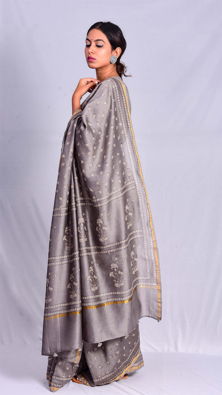 Kashish Dyed Dabu Print Chanderi Silk Saree - Aavaran Udaipur